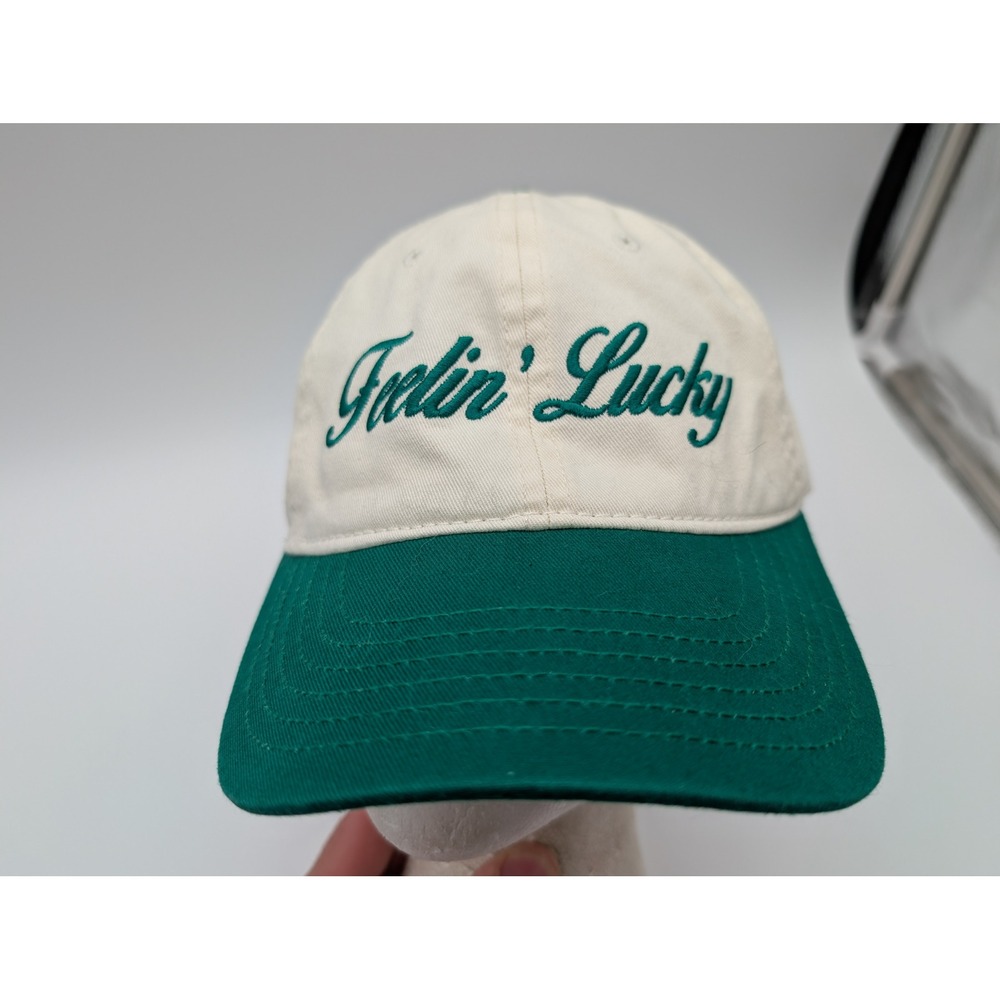 Mighty Fine Feelin Lucky Baseball Cap Green Cream Cotton Adjustable Strap Hat